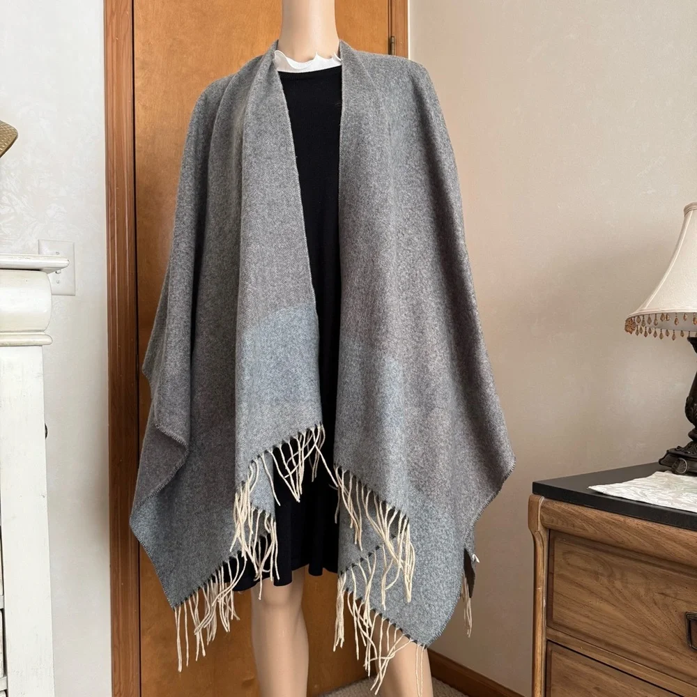 Macy's Gray Cream Blanket Scarf Cape with Fringe